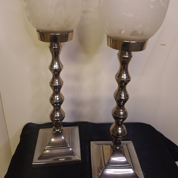 13" Candle Holders W/Etched Glass (Set of 2) Vintage - Picture 2 of 7